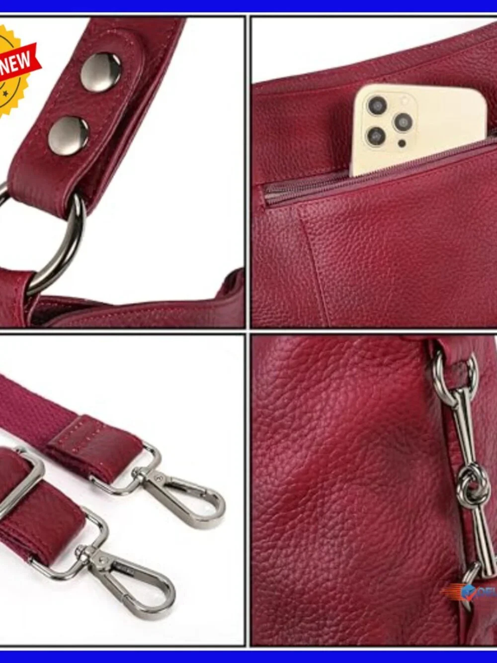 Large Genuine Leather Hobo Shoulder Bag with Crossbody Strap